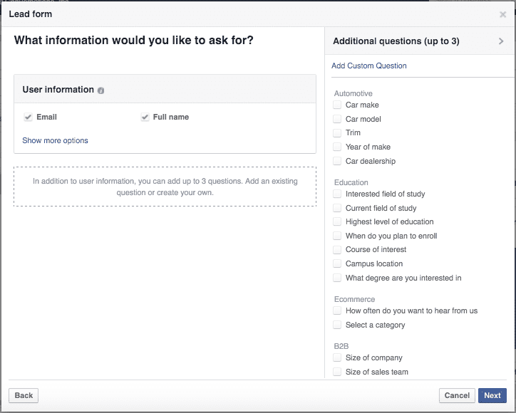 facebook lead gen questions